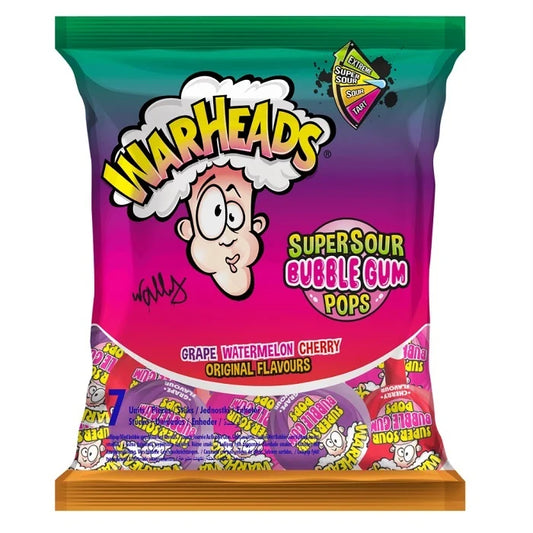 Warheads Super Sour Bubble Gum Pops Assorted Flavors 105g